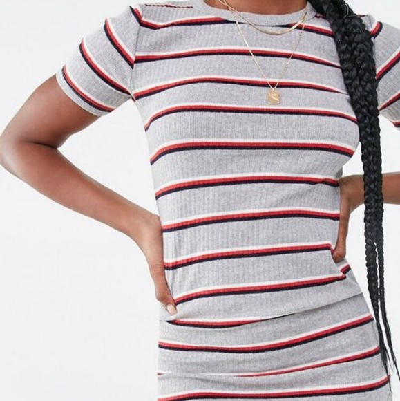 M Forever 21 Blue Striped Ribbed Short Sleeve Bodycon Dress - Picture 3 of 11